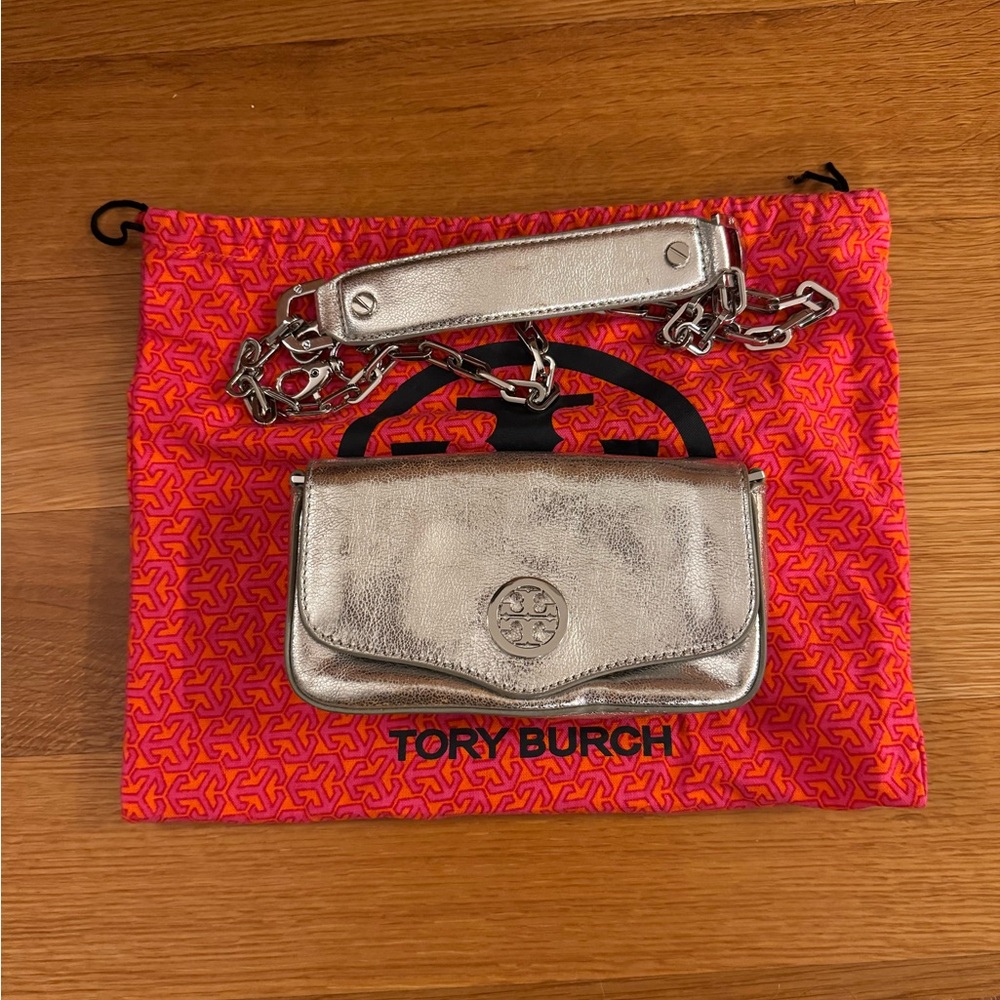 Tory Burch Metallic Silver Removable Chain Clutch